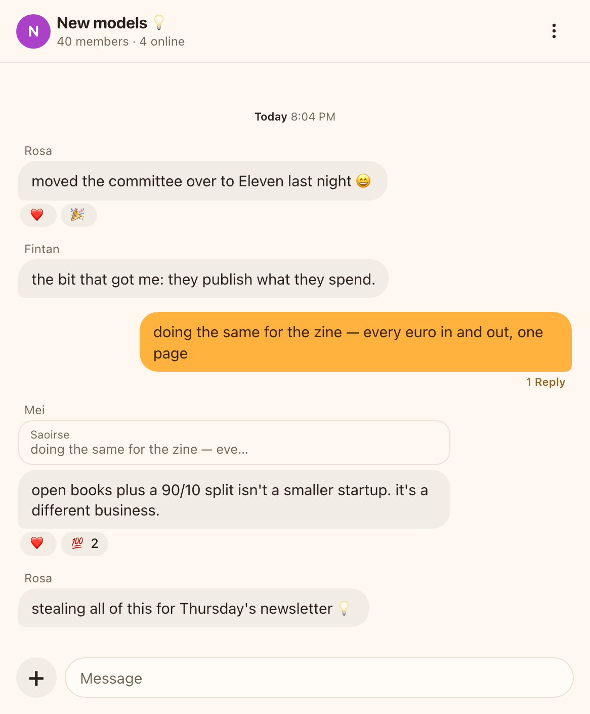 The Eleven web app showing a community group called New models, with forty members, a few of them online. Members are swapping notes about open finances and a 90/10 revenue split, with emoji reactions and a reply.