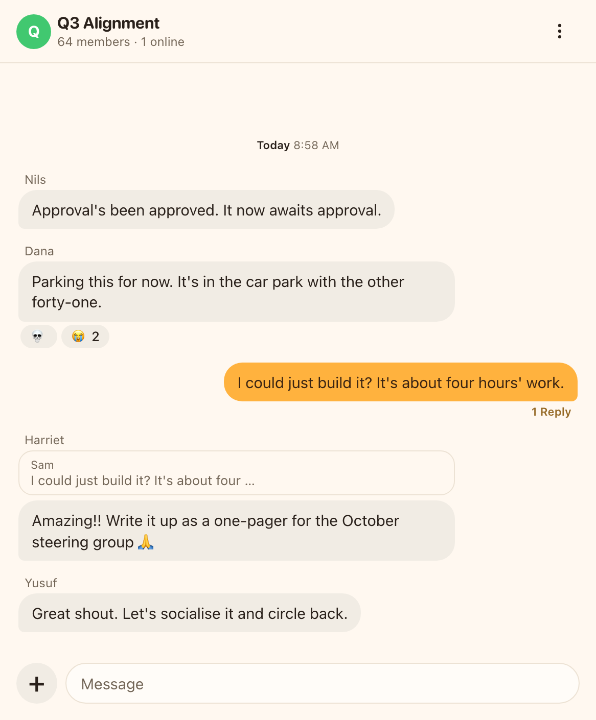 The Eleven web app on an internal deployment: a group called Q3 Alignment, 64 members, one of them online. An approval has been approved and now awaits approval; an item is parked in the car park with the other forty-one; an offer to build the thing in four hours is answered with a request for a one-pager for October’s steering group.